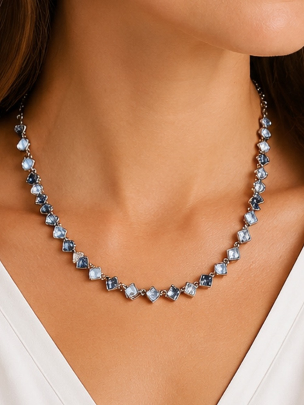 WHBM Rhinestone Statement Necklace Triangle Crystals in Clear and Shades of Blue